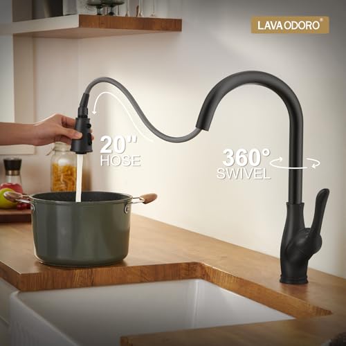 Black Kitchen Faucet with Pull Down Sprayer, Lava Odoro Matte Black Kitchen Sink Faucet with Magnetic Docking Spray 3-Function, Faucet for Kitchen Sink 1 Hole and 3 Hole with Deck Plate, KF271-MB by Lava Odoro - Used condition - Image 8