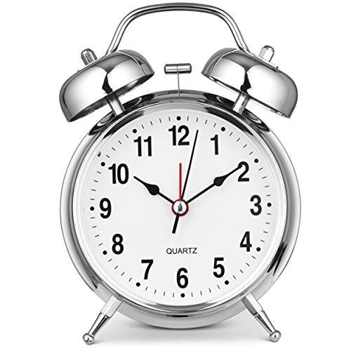 Image of Bernhard Products Metal Analog Alarm Clock Twin Bell Silver 4 inch Extra Loud Quartz Battery Operated with Backlight, Silent Non-Ticking, Vintage Retro Antique Decorative Old School