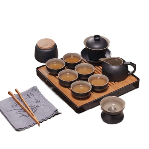 Vlfn 黒陶功夫茶具セット 急須茶杯蓋碗茶筒トレー付き 全セット オフィス業務用 家庭用 和モダン (10人用蓋碗セット+茶葉缶+茶托(発泡スチロール安全包装))
