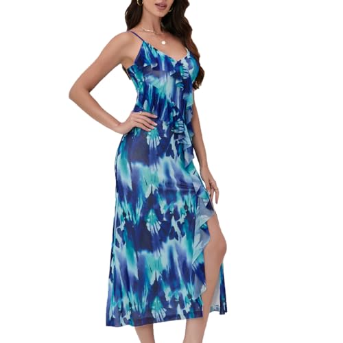 Image of Women's Spaghetti Strap Ruffle Side Split Long Dress Bodycon Beach Maxi Dresses