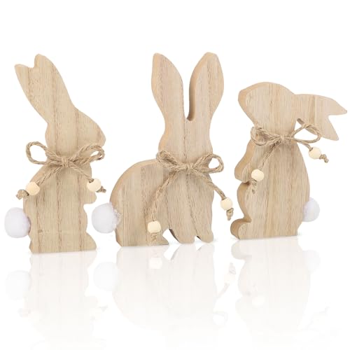COCHIE Easter Decorations for the Home, Rustic Farmhouse Wooden Bunny Blocks Tiered Tray Decor Set of 3, Vintage Wood Bunnies Sign for Table Top Office Party Shelf Decoration (Retro)