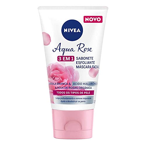 NIVEA Aqua Rose 3 em 1 150ml - Sabonete, Esfoliante e Máscara Facial - Com argila branca, ácido hialurônico e água de rosas orgânica, o sabonete tem benefícios antioxidantes e hidratantes que limpam e purificam a pele sem ressecá-la 1 41+SXKpL-8L