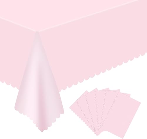 6 Pcs Pink Tablecloth 54X108 Inch Plastic Light Pink Table Cloths for Parties Disposable Scalloped Edge Table Cover Waterproof Rectangle Princess Table Cloth for Baby Shower Birthday Wedding Decor
