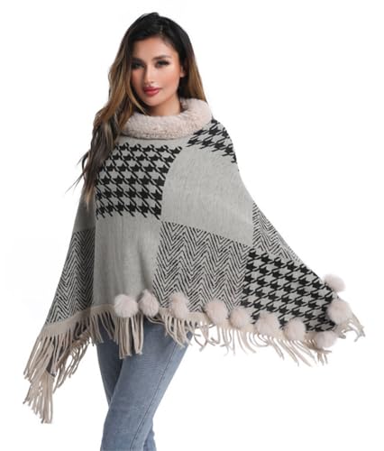 Women's Plaid Pashmina Shawl Wraps Chunky Fringe Pullover Poncho Cape Cloak Warm Sweater Coat Faux Fur Trim4