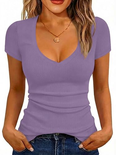 Image of Albe Rita Women Short Sleeve T-Shirt Cap V Neck Shirts for Women Ribbed Casual Top Knit Slim Fit for Summer