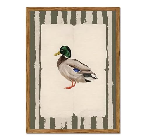 Image of Framed Vintage Mallard Duck Wall Art, Country Farmhouse Duck Pictures Wall Decor, Rustic Wildlife Animal Paintings Canvas Prints Cottagecore Home Decor for Living Room Bedroom nursery 12x16 inch