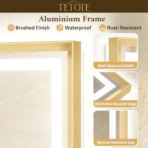 TETOTE Led Bathroom Mirror 36 x 36 with Brushed Gold Frame Anti-Fog Frontlit & Backlit Vanity Mirror Stepless Dimmable Lighted Mirrors for Bathroom Wall 3 Colors White/Warm/Natural Wall-Mounted