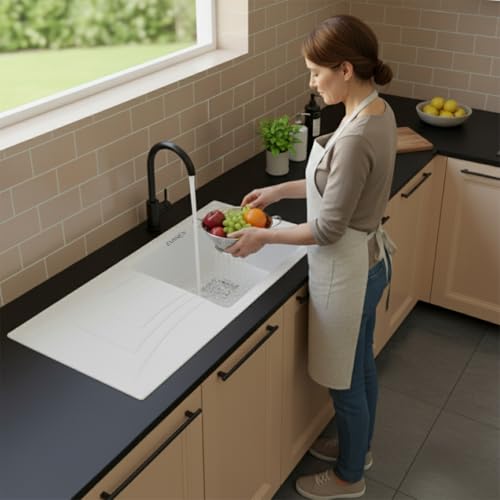 Image of EVANEX Quartz Sink for Kitchen|36x18x9 inch Kitchen Sink with Drain Board|Granite Sink for Kitchen Basin|White Quartz Kitchen Sink with Connector, Waste Pipe, Coupling and Drain Basket