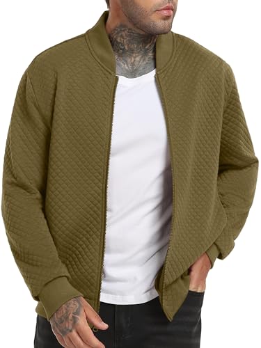 Image of TUREFACE Mens Fashion Quilted Zip-Up Bomber Jacket Stylish Loose Fit Versatile Casual Winter Easy Paired with Jeans Fall Winter Clothes,Moss Green,XL
