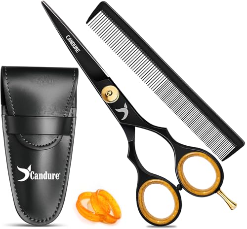 Candure Tijeras Peluqueria con peine y estuche de cuero 6.5" – Tijeras Pelo para peluqueros profesionales, barberos y uso personal para adultos y niños (Negro)