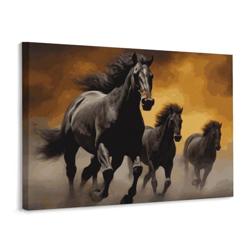 Décoration murale chevaux noirs tableau sur toile moderne pour salon 40x30 cm