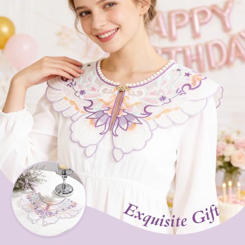 Image of SANNIDHI Sheer Butterfly Embroidered Detachable Collar Shawl, Faux Pearl Clasp Lace Capelet, Colorful Embroidery False Collar Neck Accessory for Dresses, Weddings & Formal Wear