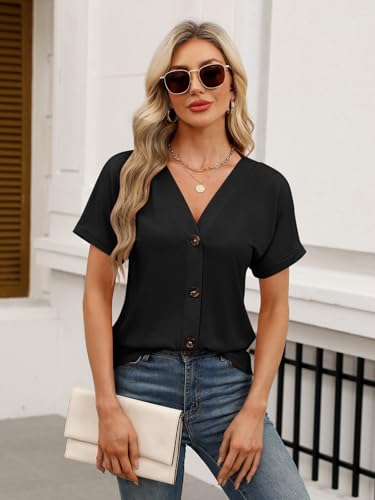 Womens Summer Tops Short Sleeve Button Down Shirts Casual V Neck T Shirts Trendy Tunic Tops3