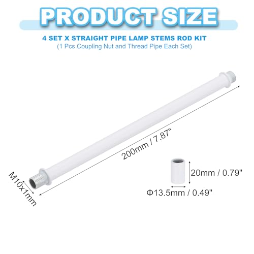 Image of PATIKIL Straight Pipe Lamp Stems Rod Kit, 4Set M10 Carbon Steel 200mm(7.87 inch) Long Double End Thread Rod with Coupling Nuts Sleeve Connector for Table Lamps Chandeliers, White