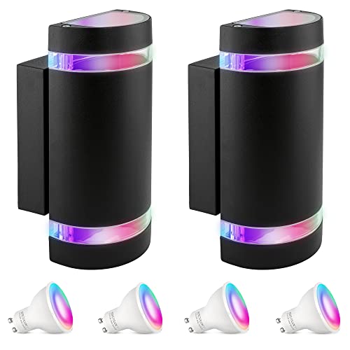 SSC-LUXon 2 Stück ZORA Wandleuchten Außen LED Up Down IP44 mit 4x Smart GU10 RGB WiFi Steuerung per App & Sprache - Wandlampe schwarz halbrund