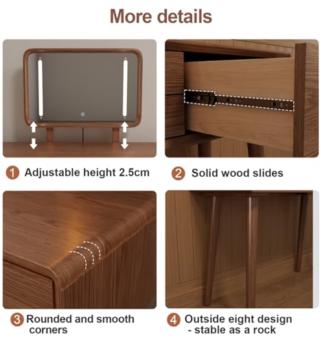 Image of KungFuWood 100% Solid Wood Makeup Vanity Desk with Mirror and Lights,Dressing Table with3 Lighting Modes and 3 Drawers,Vanity Table for Bedroom(No Chairs Included)