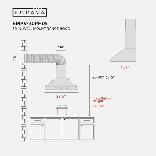 Empava Ducted/Ductless Wall-Mount Range Hood 30 Inch, 400 CFM, 3-Speed, Push Button Control, LED Lights, Baffle Filters, Plug-in, Stainless Steel by Empava - Image 6