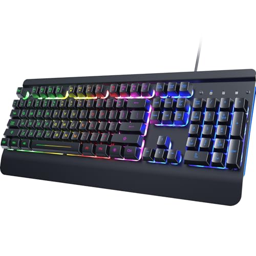 RisoPhy Gaming Keyboard, 104 Keys All-Metal Panel, Rainbow LED Backlit Silent Computer Keyboard, Wrist Rest, Multimedia Keys, Anti-Ghosting, Waterproof Light Up Wired Keyboard for PC Mac Gamer