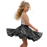 Picture of WELAKEN Girls Twirl Skirt Shiny Irregular Hem Elastic Waist Dance Skirt Black, Size 6-7Y