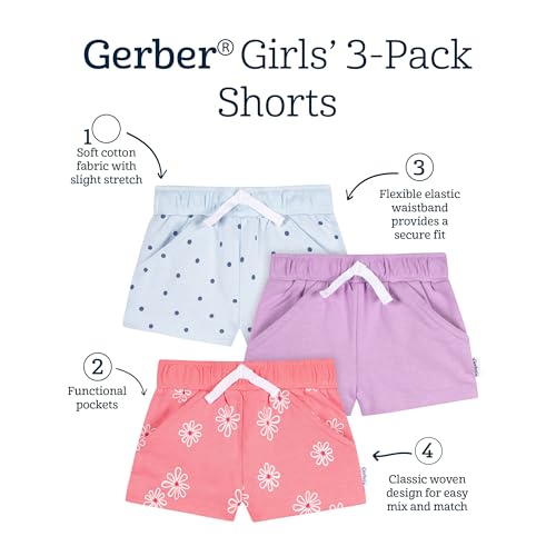 Gerber Baby Girls' 3-Pack Pull-On Knit Shorts, Purple, Pink & Blue, 2T - image 7