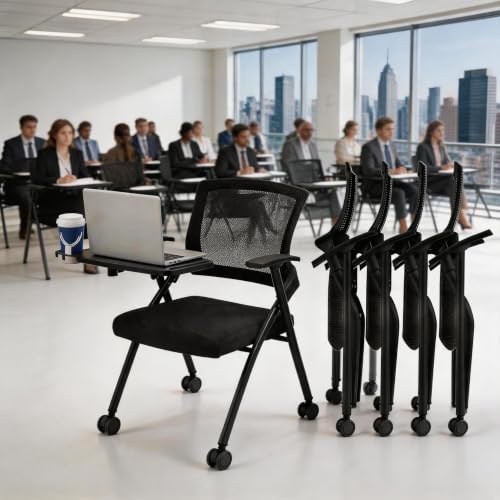 Image of Folding Training Chairs with Desk Attached, Office Meeting Chair with Writing Tablet & Cup Holder, Space-Saving Nesting Stackable Chairs with wheel for Conference Room,Seminar, Classroom Chair,Black∰w