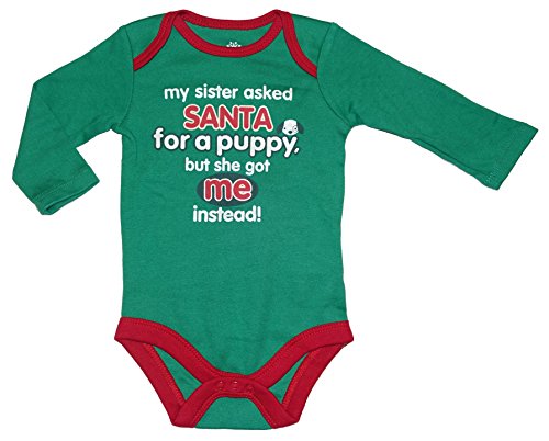 Topsville, Inc. Assorted Santa, Reindeer Baby Boys & Girls Christmas Bodysuit Dress up Outfit (0-3 Months, My Sister Asked Santa for a Puppy. But She Got Me Instead!)
