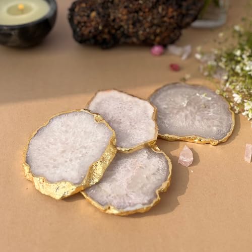 Image of Natural Agate Stone Tea Coasters Set | Premium Stone Coasters for Tea, Coffee & Glass | Heat Resistant Coasters for Dining Table, Office Desk & Home Decor | Pack of 4 | Color -White
