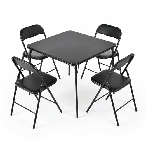 FurnitureR 5 Piece Folding Dining Set, 33.9 Inch Square Portable Table with 4 Padded Folding Chairs for Dining, Games & Small Space Use, No Assembly Required, Black
