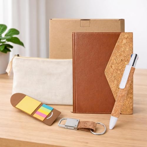Image of 4 in 1 EcoPouch Diary Gift Set | 3-Fold Notebook | Cork Pen | Keychain | Sticky Notes in Canvas Pouch | Premium Corporate Gift Set | Gift Set for Men and Women
