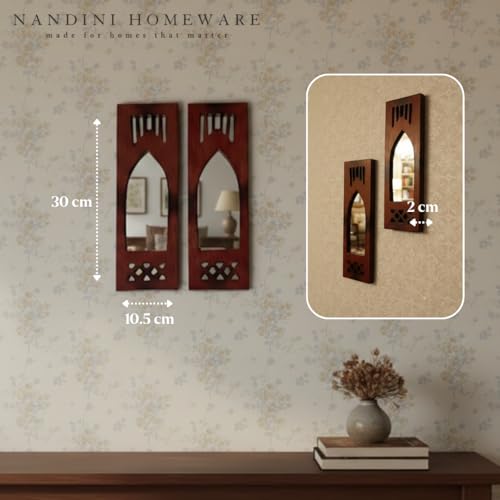 Image of Handcrafted Traditional Wooden Jharokha Wall Art with Mirror Work | Boho Vintage Style Wall Hanging | for Living Room, Bedroom & Home Interiors (Brown Modern Set of 2)