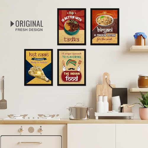 Image of Chaka Chaundh Engineered Wood - Kitchen Quotes Rectangular Wall Frames - (Set of 4) - Dining Frame - Restaurant food Quotes Framed Posters - (14 X 11 inches)