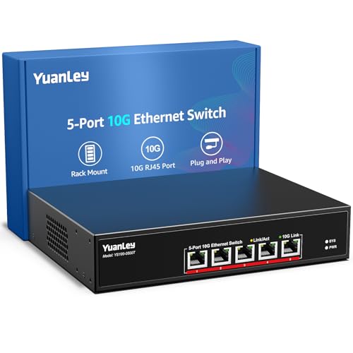 Image of YuanLey 5 Port 10G Ethernet Switch, 5 x 10Gbps RJ45 Ports, Support 10G /5G /2.5G /1G /100Mbps Speed Auto-Negotiation, 100Gbps Switching Capacity, Unmanaged Switch Rackmountable, Plug and Play