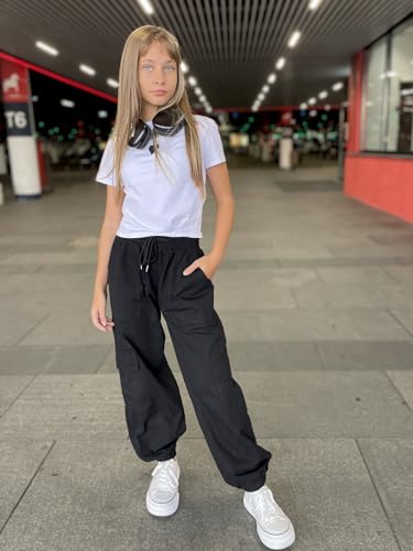 Image of Girls Cargo Pants Elastic Waist Casual Jogger Pants for Girls Streetwear Loose Parachute with Pockets 7-14Years