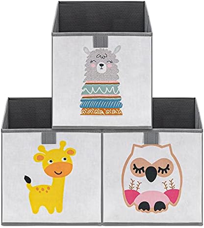 Navaris Kids Storage Cubes (Set of 3) - Storage Boxes 11x11x11" with Animal Designs - Children's Cube Bins Fabric Organizer Bin - Alpaca/Giraffe/Owl 7 41+SbvwFtFS. AC