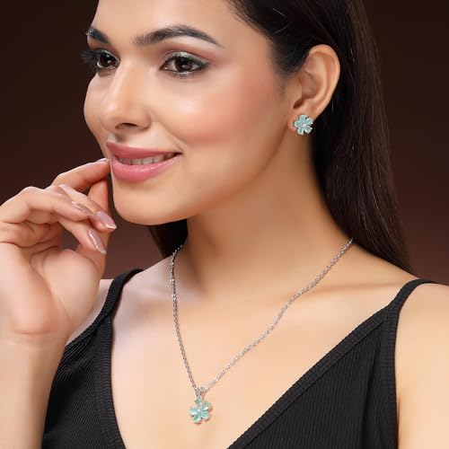Image of ZENEME Rhodium Plated Silver Toned American Diamond Studded Floral Shaped Pendant Chain With Earrings Jewellery Set For Women And Girls