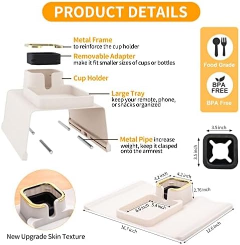 Couch Cup Holder, Silicone Anti-Spill and Anti-Slip Cup Holder for Couch, Portable Sofa Armrest Tray Couch Drink Holder, Gift for Mom, Dad, Grandma, Grandpa (Beige) (Beige) - Image 2