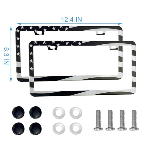 Image of 2PCS Premium American Flag License Plate Frame, Black License Plate Frames, 2 Holes Solid Stainless Steel License Plate Holder, Universal Car License Plate Frame for USA Flag, by Lengnoyp