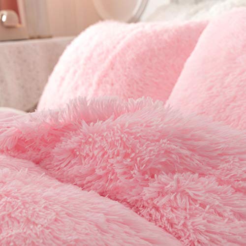 Smoofy Faux Fur Comforter Set Queen 3Pcs Shaggy Plush Velvet Comforter Soft Fluffy Fuzzy Double-Sided Bedding Luxury Furry Flannel, Pink Queen 1 Comforter 2 Pillowcases #TOP2