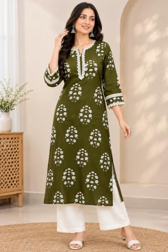 Image of Women's Cotton Floral Printed V-Neck A-Line Kurta /Regular Fit Kurti-3 /4 Sleeve