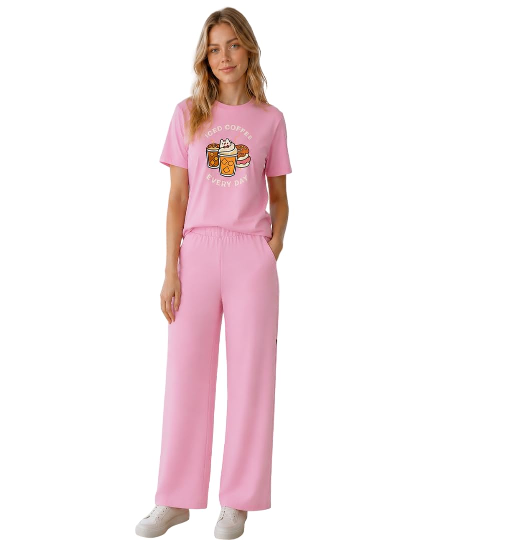 elvia Women's Pure Cotton Graphic Printed Top with Pyjama Co-Ord Set | Iced Coffee Every Day Print Night Suit for Women | Regular Fit Half Sleeve Round Neck Sleepwear Loungewear Set-picture-27