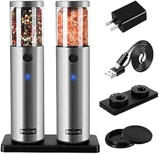 PRIME, Electric Salt and Pepper Grinder Set, 2 Mills, Rechargeable, With Charging Base, USB Cable, Power Adapter, Automatic Tact Switch Operation, Adjustable Coarseness, Stainless Steel (Ver. 2.2)