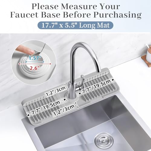 Image of PoYang 17.7 inch Faucet Mat for Kitchen Sink Splash Guard, 7 Slope Silicone Sink Water Splash Guard for Kitchen Sink Area with Snap, Long Sink Protectors for kitchen Sink Sponge Holder, Light Grey