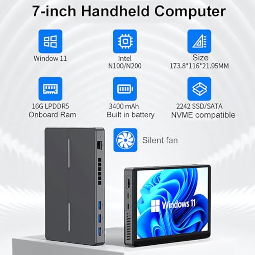 Image of Mini PC with 7 inch Touch Screen, Handheld PC with N150(Upgrade N100) CPU LPDDR5 16GB Onboard, 516 SSD Wifi6 BT5.2 Battery 3400mAh, Micro Win11 Tablet Desktop Laptop Computer with Fan