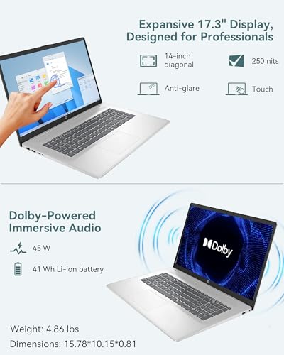 Image of HP 17 inch Touchscreen Laptop, Intel 12-core Ultra 7 255U, 32GB DDR5,2TB SSD, 12 NPU Tops, Backlit KB, Fingerprint Reader, AI Copilot, Wins 11 Pro, WiFi 6