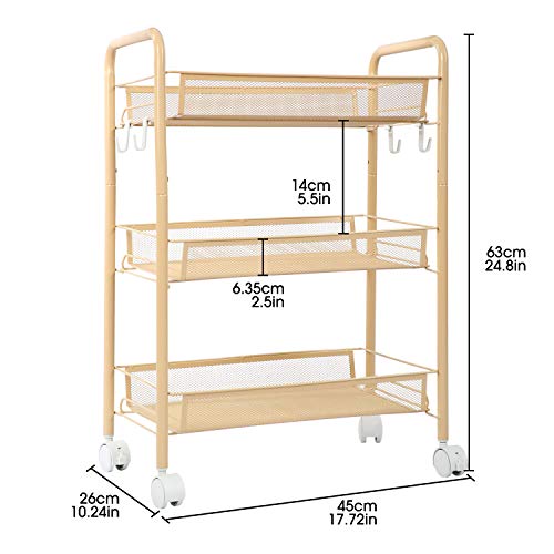 JEROAL 3 Tier Rolling Trolley, Metal Mesh Rolling Cart, Mesh Storage Pantry Cart with Lockable Wheels, Gold - Thumbnail 6