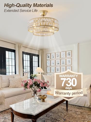 Image of Gold Fandelier Ceiling Fan with Light,20 inch Crystal Chandelier Ceiling Fans with Lights and Remote Control,Modern Caged Flush Mount Fandelier with 6 Speeds for Living Room Bedroom Nursery