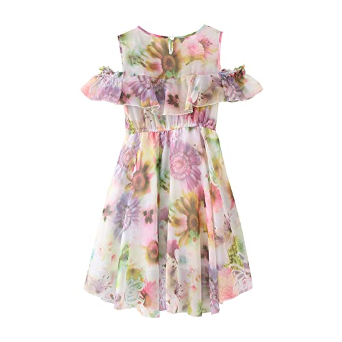 BILIKEYU Girls Floral Chiffon Dress Prints Short Sleeve Off Shoulder High Waist Flared A-line Flowy Casual4