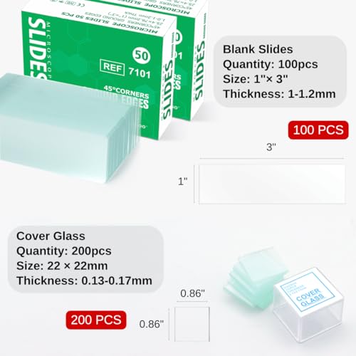 Image of ZEEGOO Microscope Slides & Covers, 100 Slides + 200 Coverslips | Pre-Cleaned Optical Glass, High Light Transmittance, Ground Edges & 45 Corners, For Classroom, Lab & Home Use