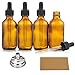 4 Pack, 2 oz Bottles with Dropper & 1 Funnel & 4 Labels - Essential Oils Bottles for Health, Personal Care & Beauty - 60ml Thick Dark Amber Glass Tincture Bottles, Refillable Cosmetic Containers