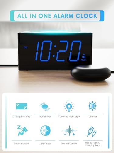 ROCAM Loud Alarm Clock for Deaf People, Vibrating Clock for Heavy Sleepers/Hearing Impaired/Elderly, Alarm Clock with 7 Color Night Light/Snooze/Dimmer/2 USB Ports/Battery Backup, Blue